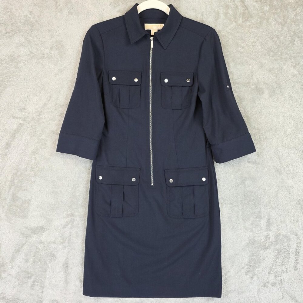MICHAEL Michael Kors Dress Womens XS Blue Zip Front Shirt Dress Utility Pockets